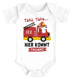 Baby Body mit Namen bedrucken lassen Feuerwehr-Auto Tatütata hier kommt [Wunschname] kurzarm Bio Baumwolle SpecialMe®
