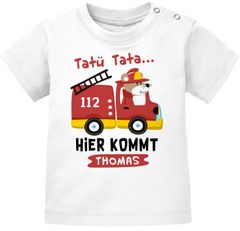 Baby T-Shirt mit Namen personalisiert Feuerwehr-Auto Spruch Tatütata Hier kommt [Wunschname] kurzarm Bio-Baumwolle SpecialMe®