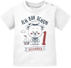 personalisiertes Baby T-Shirt mit Namen Ich bin schon 1 Bär Kapitän Captain Segelboot Geburtstagsshirt Jungen SpecialMe®