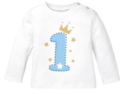 Baby Langarm-Shirt 1. Geburtstag Zahl 1 bzw. 2 mit Krone Sternen Geburtstagsshirt Bio-Baumwolle MoonWorks®