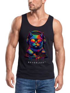 Herren Tank-Top DJ Katze Musik Print Festival EDM Shirt mit Katzenmotiv am DJ-Pult Muskelshirt Streetwear Sommer Neverless®
