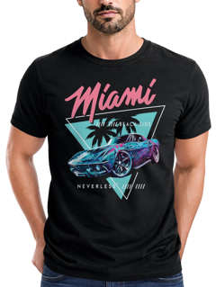 Herren T-Shirt Bedruckt Miami Beach Surfing Motiv USA Retro Automobil 80er Fashion Streetstyle Neverless®