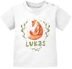 Baby T-Shirt mit Namen personalisiert Fuchsmama mit Kind Junge Mädchen kurzarm Bio-Baumwolle SpecialMe®