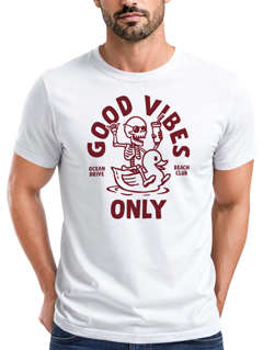 Herren T-Shirt Printshirt Spruch Good Vibes Only Skelett-Motiv Sommer Frontprint Fashion Streetstyle Neverless®