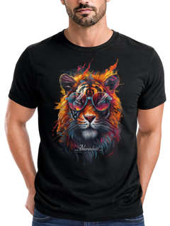 Herren T-Shirt Tiger Print Aufdruck Flammen Sommer Sonnenbrille Kunst Fashion Streetstyle Neverless®