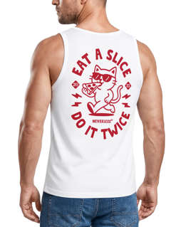 Herren Tank-Top Backprint Pizza Katze Spruch– Rückendruck im Comic-Stil – Printshirt Baumwolle Fashion Streetstyle Muskelshirt Neverless®