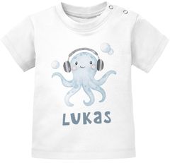 Baby T-Shirt mit Namen personalisiert Octopus Unterwasser Tiermotiv Tintenfisch Junge kurzarm Bio-Baumwolle SpecialMe®