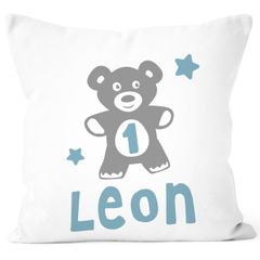 Kissen-Bezug Kinder Teddybär mit Namen und Zahl Geburtstagsgeschenk für Einjährige Zweijährige Baby Namenskissen SpecialMe®