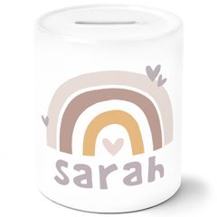 Kinder Spardose mit Namen Regenbogen Herzen Skandi Stil personalisiert Keramik Sparschwein für Mädchen Jungen SpecialMe®