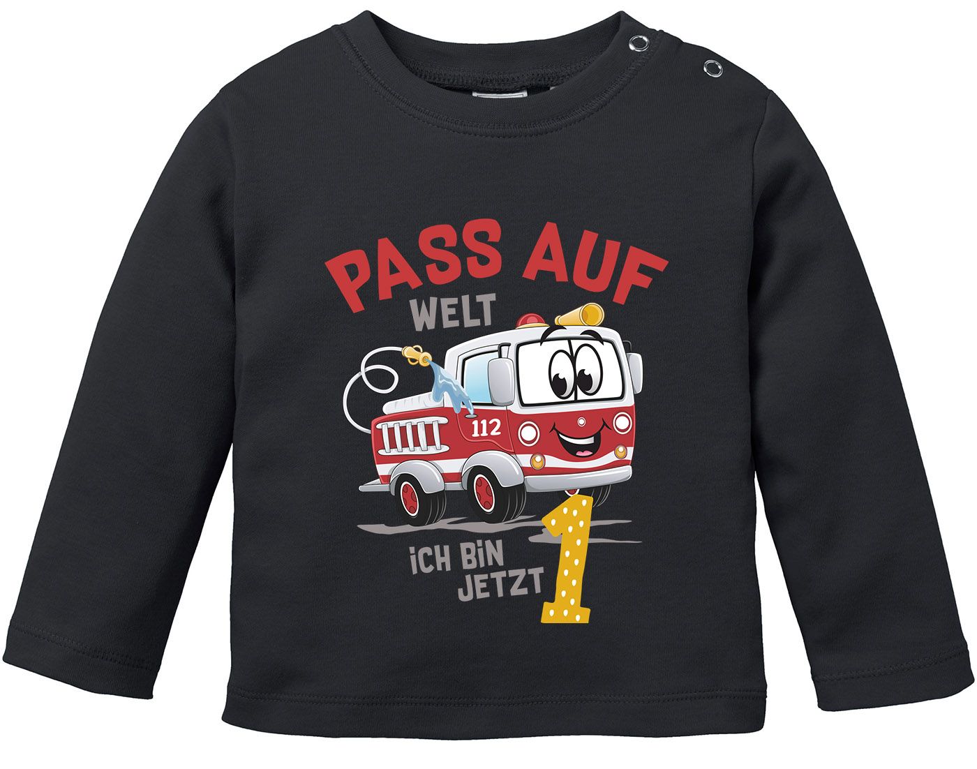 Baby Langarm-Shirt 1.Geburtstag Feuerwehr-Auto Pass auf Welt ich bin jetzt 1 Geburtstagsshirt Bio-Baumwolle Junge/Mädchen MoonWorks®