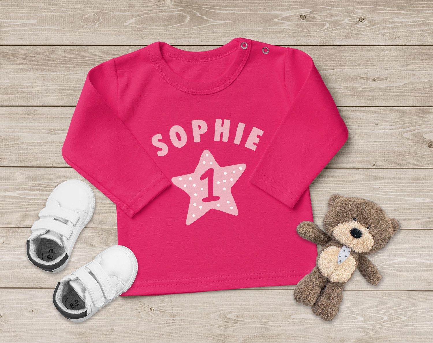 Baby Langarmshirt mit Name und Zahl 1 zum ersten Geburtstag Motiv Stern Geburtstagsshirt Junge