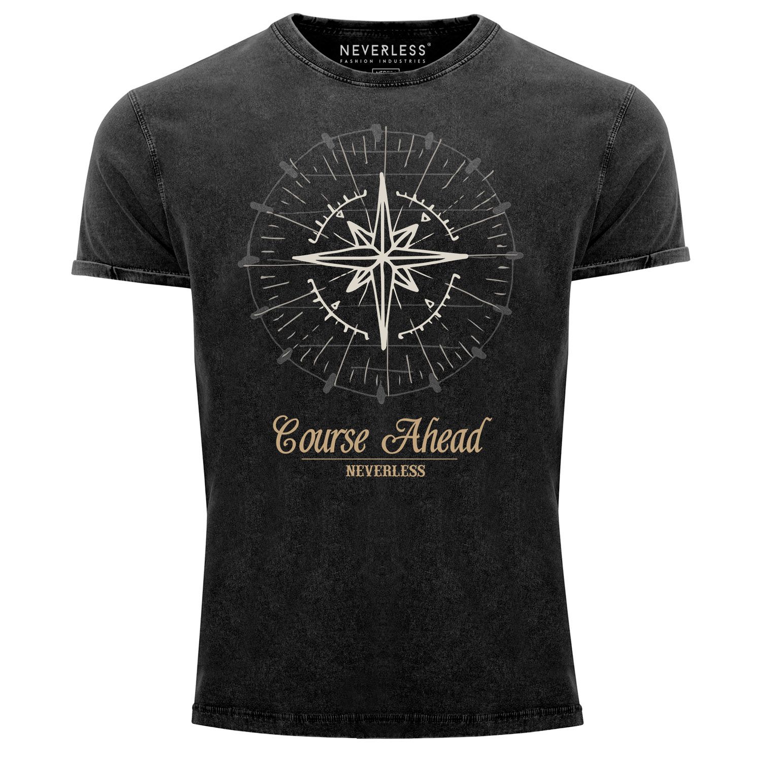 Cooles angesagtes Herren T-Shirt Vintage Shirt Kompass Windrose Aufdruck Used Look Slim Fit Neverless®