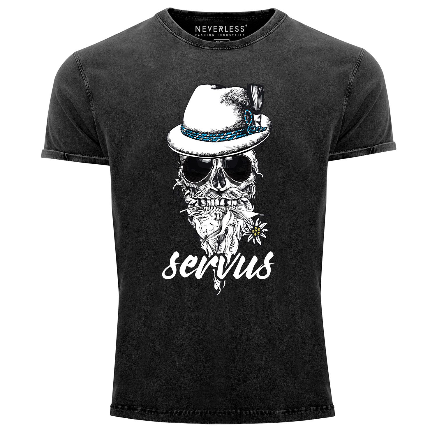 Cooles, lustiges Angesagtes Herren T-Shirt Vintage Shirt Servus Skull Totenkopf Aufdruck Used Look Slim Fit Neverless®