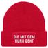 Damen Beanie Strickmütze mit Patch Spruch Die mit dem Hund geht Aufdruck Lustig Damenmütze Moonworks®preview