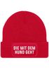Damen Beanie Strickmütze mit Patch Spruch Die mit dem Hund geht Aufdruck Lustig Damenmütze Moonworks®preview
