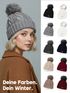 Damen Strickmütze mit Fleecefutter und Kunstfell Bommel Zopfmuster Grobstrick Wintermütze Bommelmütze Model 2207 Neverless®preview
