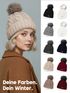 Damen Strickmütze mit Fleecefutter und Kunstfell Bommel Zopfmuster Grobstrick Wintermütze Bommelmütze Model 2207 Neverless®preview