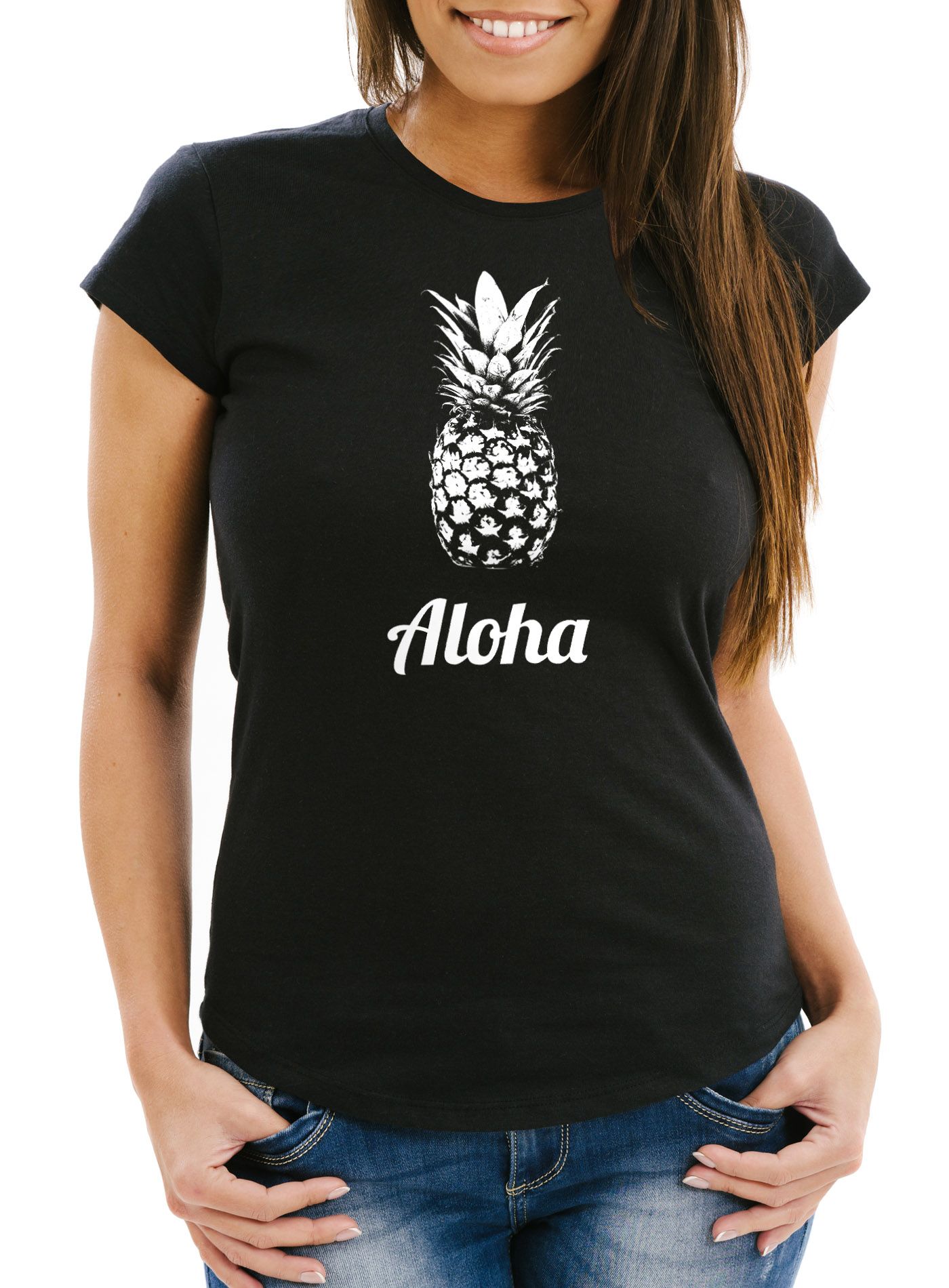 Damen T-Shirt Aloha Ananans Pineapple Slim Fit Moonworks®