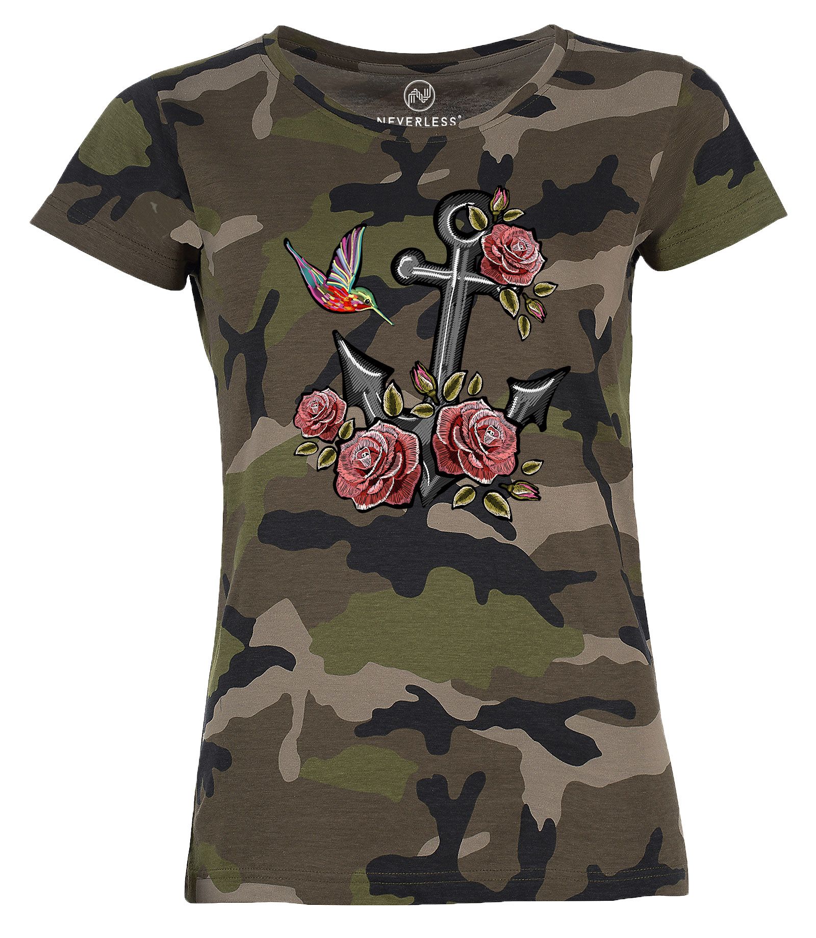 Damen T-Shirt Camouflage Anker Rosen Patch Tropical Anchor Stick-Optik Camo-Shirt Tarnmuster Neverless®