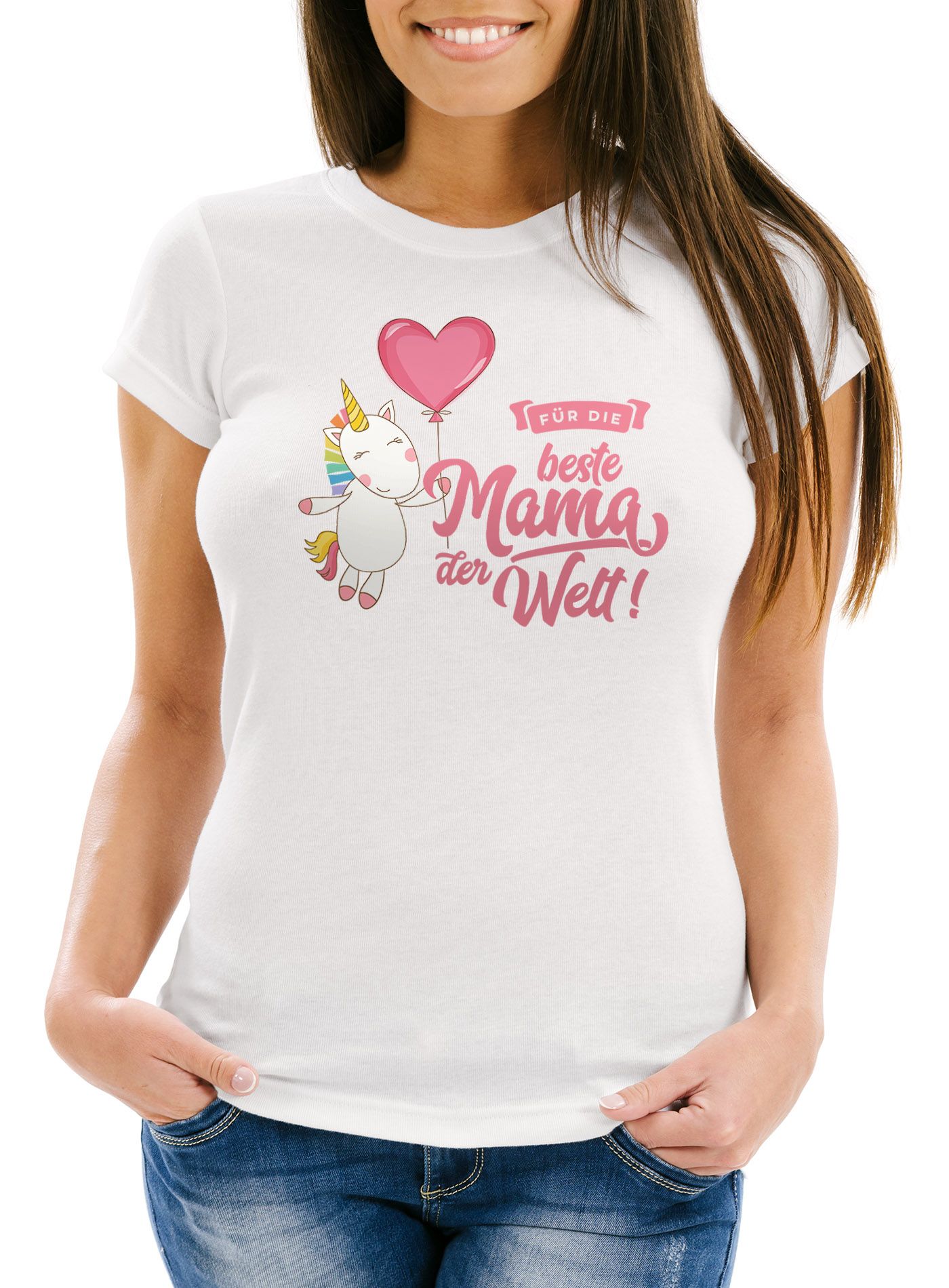 Damen T-Shirt Einhorn Muttertag Beste Mama der Welt Unicorn Mother`s Day Slim Fit Moonworks®