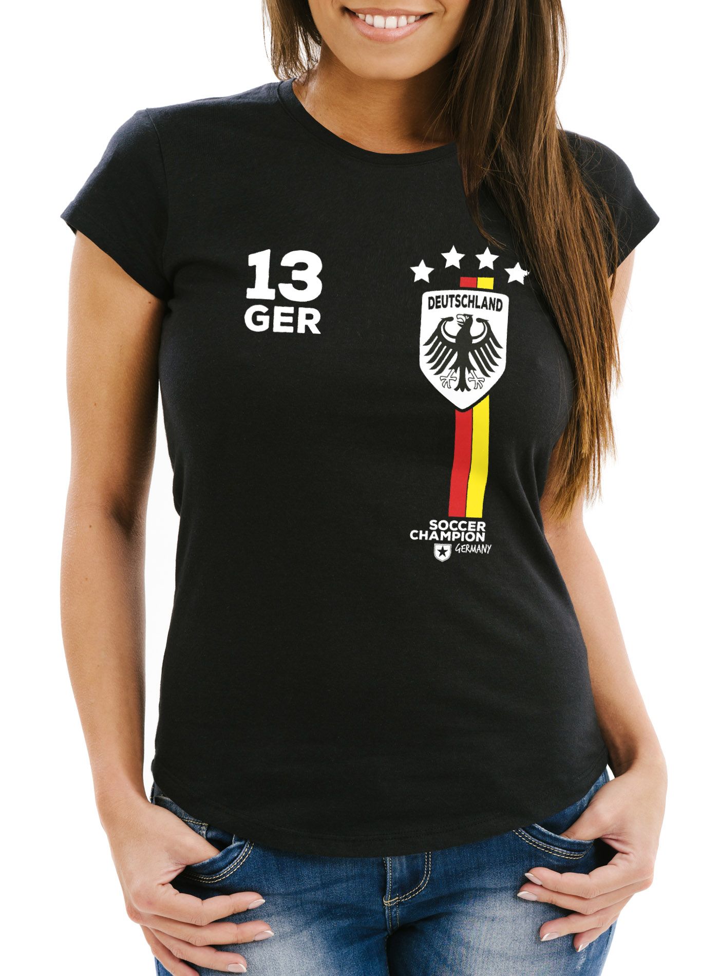 Damen T-Shirt Fanshirt Fußball EM WM Deutschland Trikot Slim Fit MoonWorks®