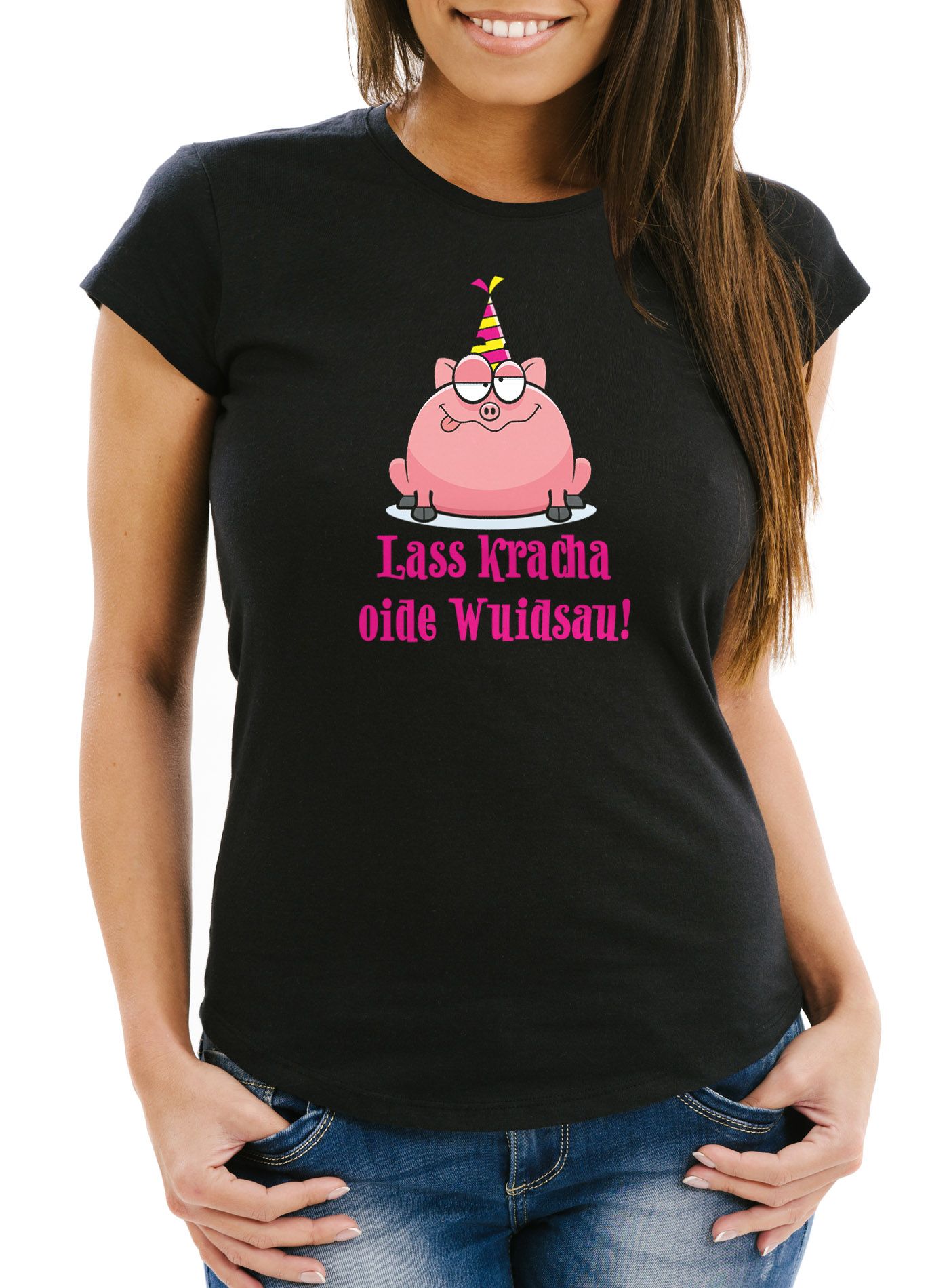 Damen T-Shirt Geburtstag Schwein Spruch Lass kracha oide Wuidsau Fun-Shirt Geschenk Moonworks®