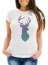 Damen T-Shirt Hirsch Geweih Kopf Deer Watercolor Polygon Tier Slim Fit Neverlesspreview