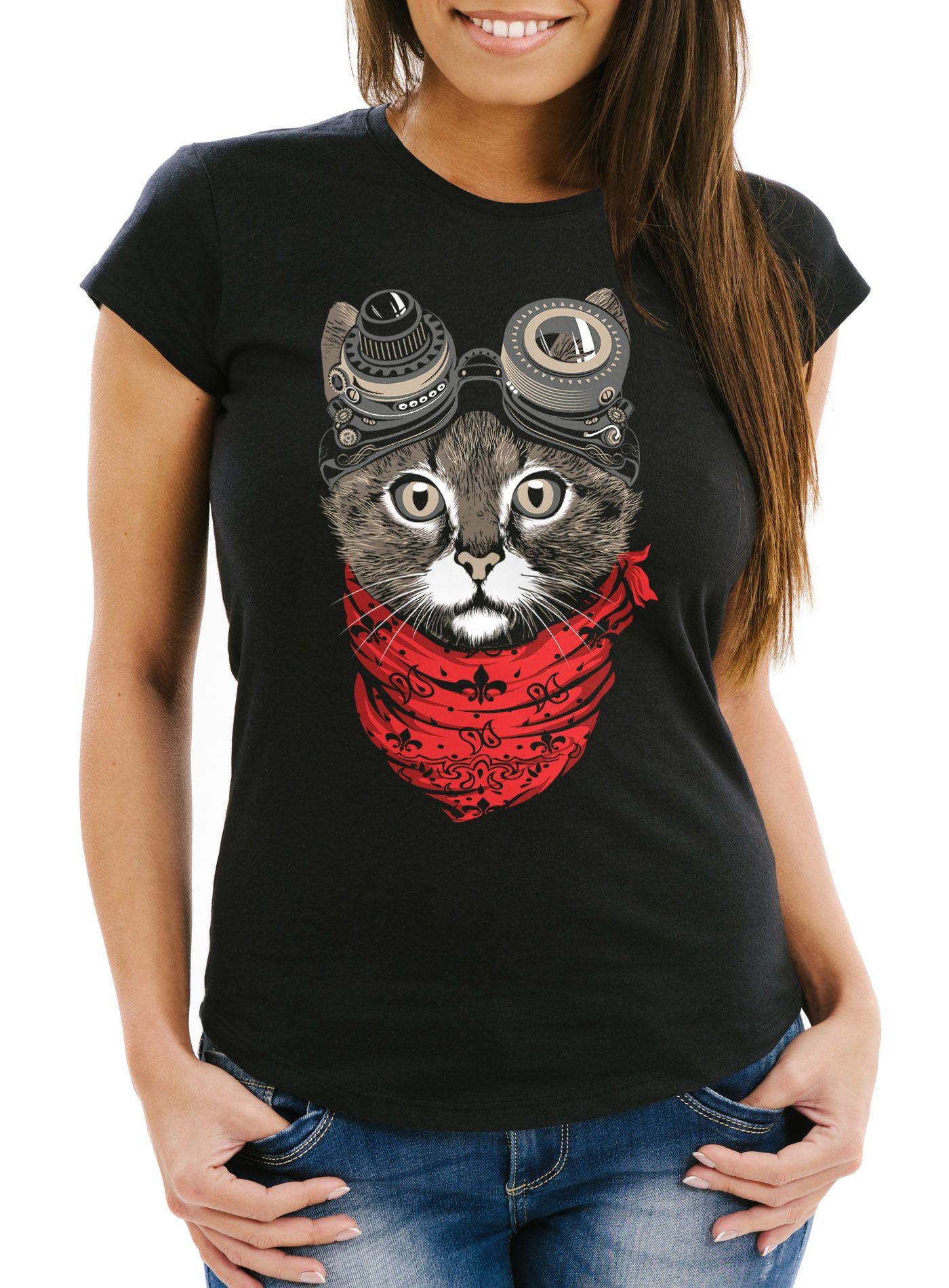 Damen T-Shirt Katze Cat Steampunk Slim Fit Moonworks®