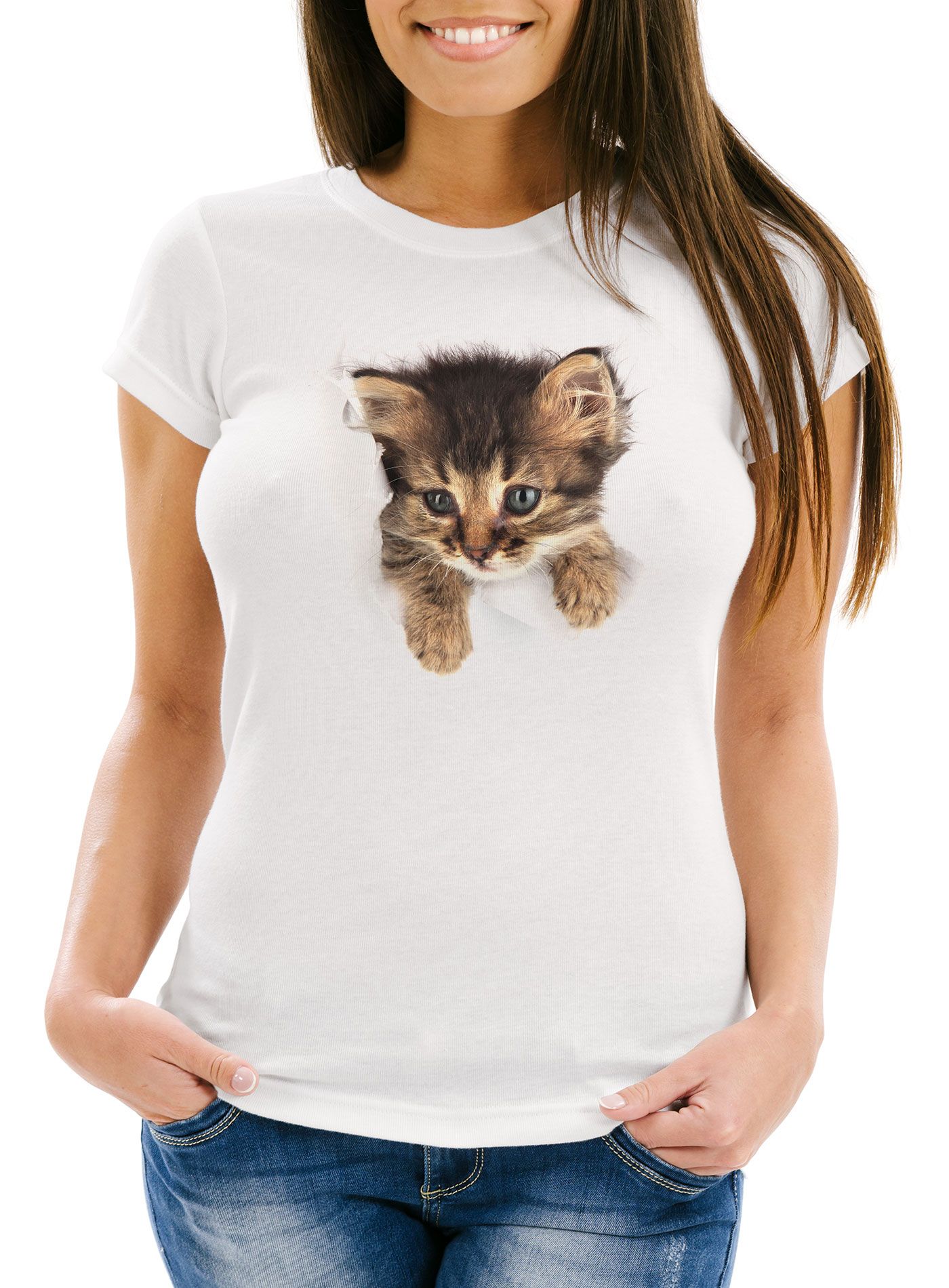 Damen T-Shirt Katze Katzenmotiv Katzenbaby Tiermotiv Slim Fit Moonworks®