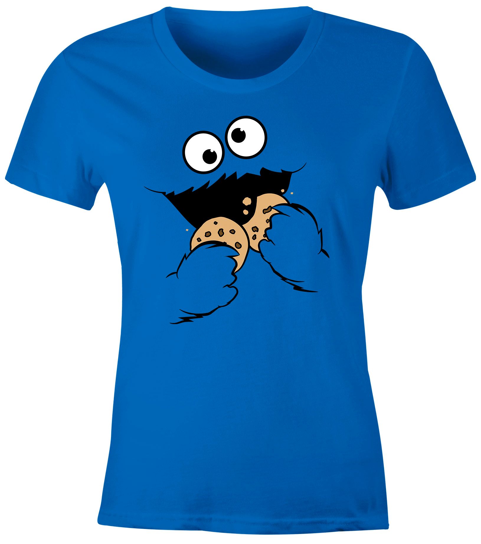 Damen T-Shirt Krümelmonster Keks Cookie Monster Fasching Karneval Kostüm Slim Fit Moonworks®