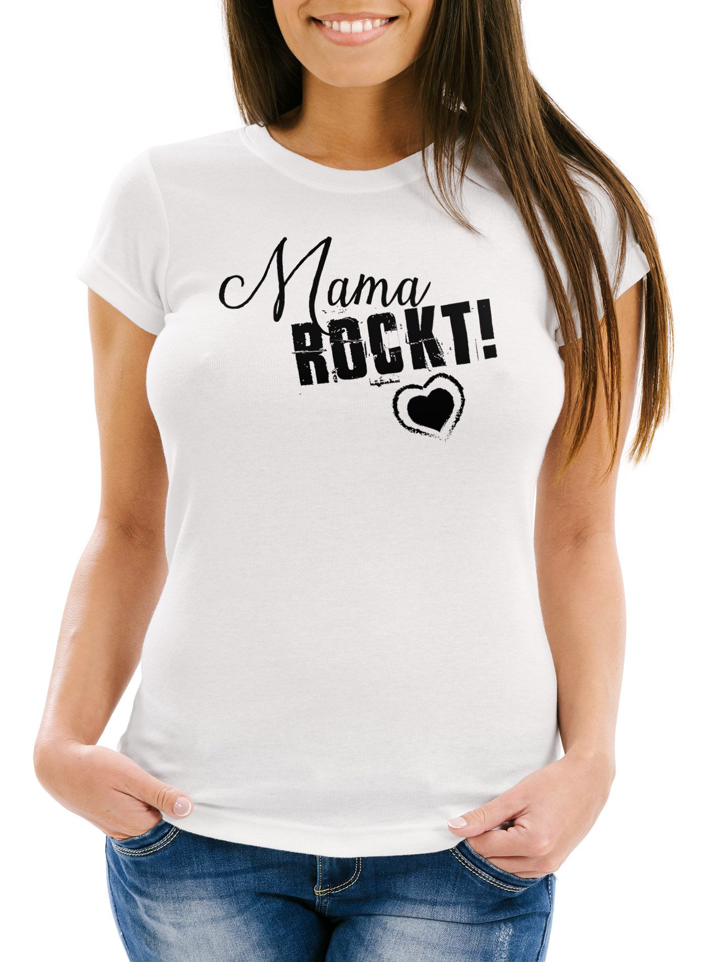 Damen T-Shirt Mama rockt Geschenk für Mutter Muttertag Slim Fit Moonworks®