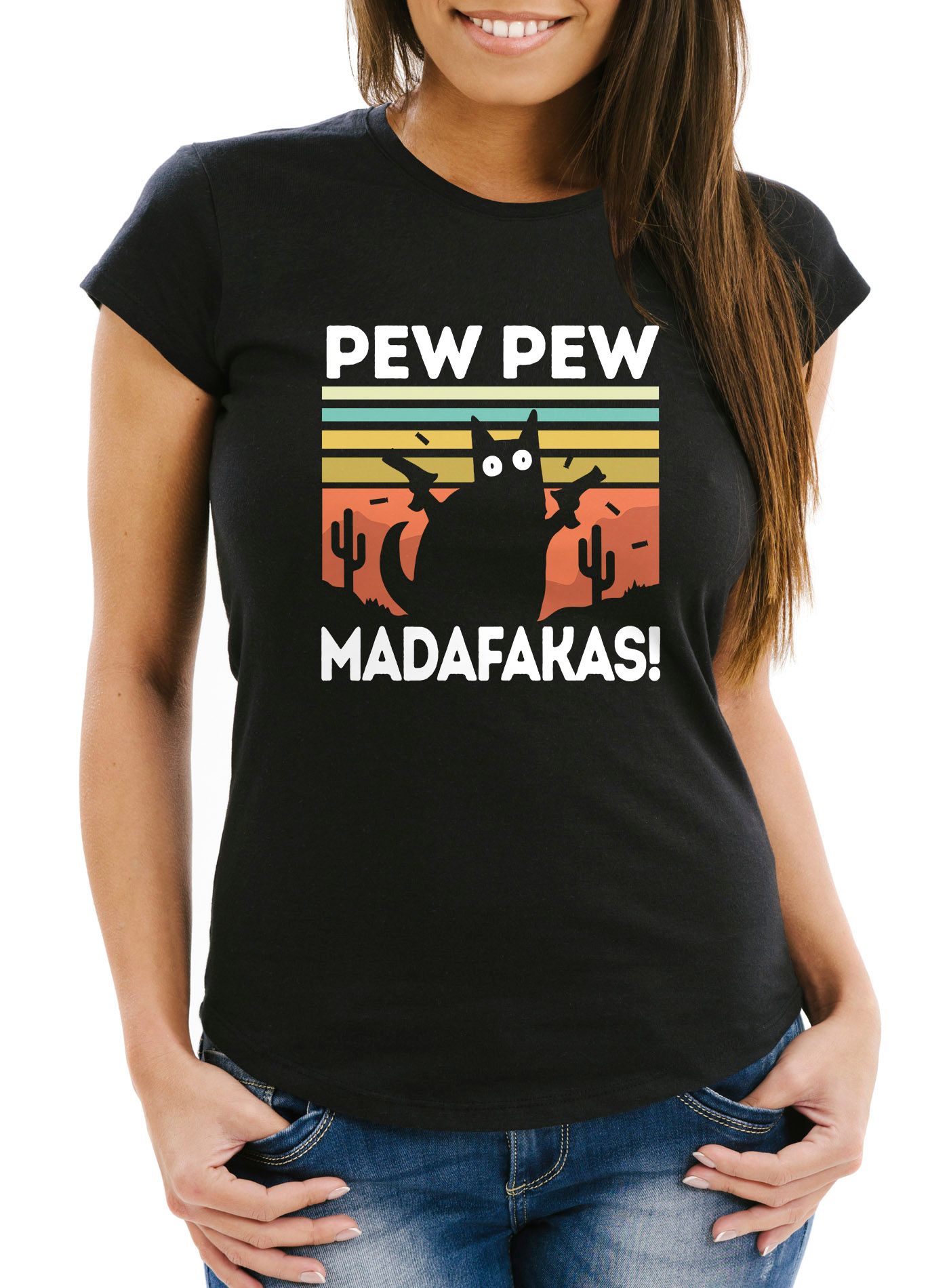 Damen T-Shirt Pew Pew Madafakas! schwarze Katze Spruch Meme Frauen Fun-Shirt lustig Moonworks®