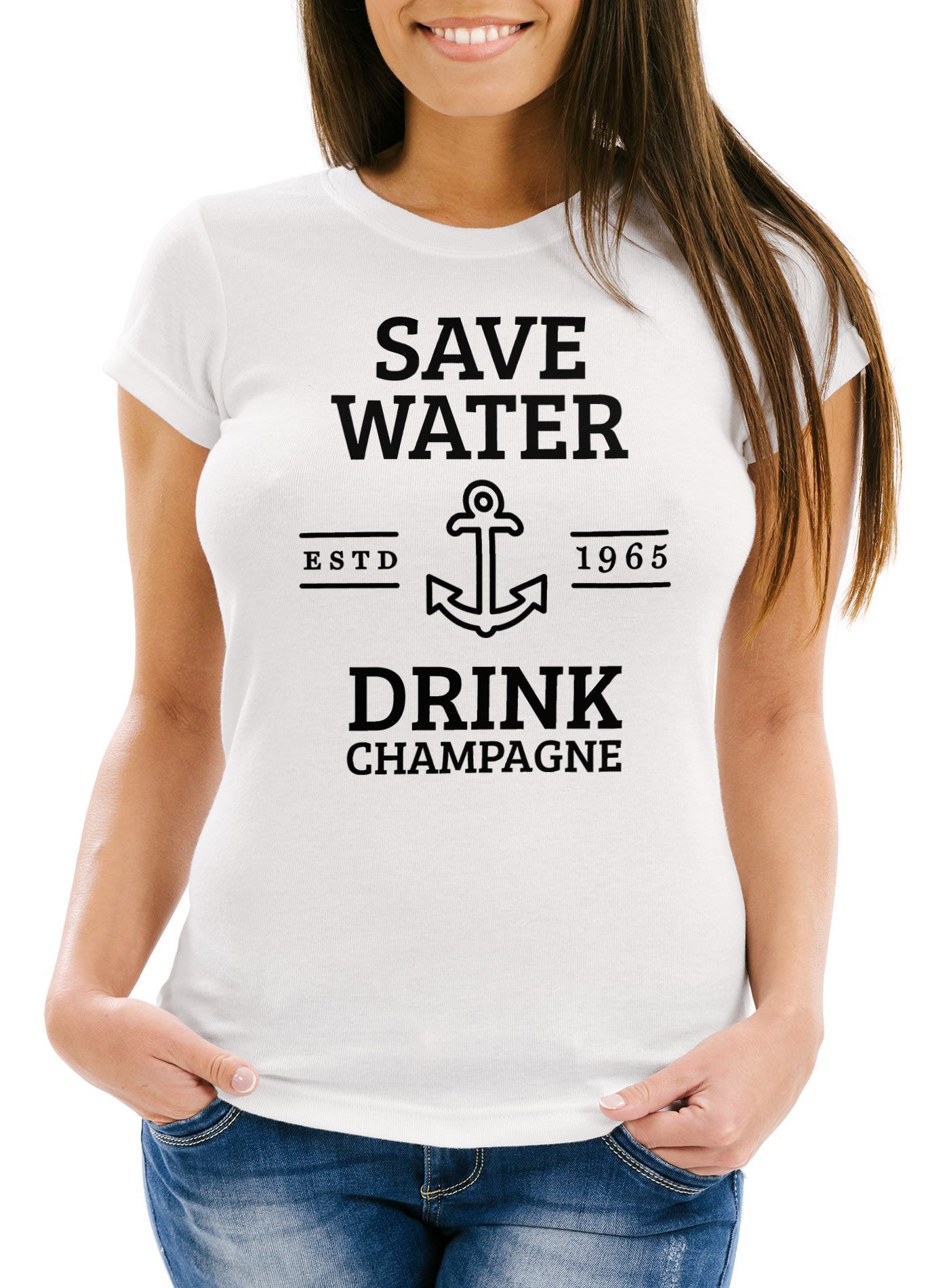 Damen T-Shirt Save water drink Champagne Slim Fit Moonworks®