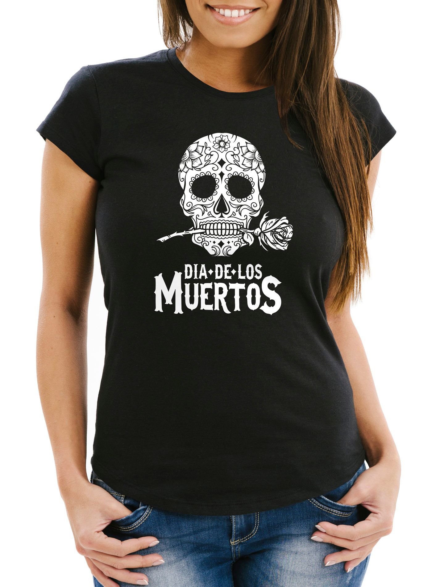 Damen T-Shirt Sugar Skull Dia De Los Muertos Totenkopf mit Blumen Slim Fit Neverless®