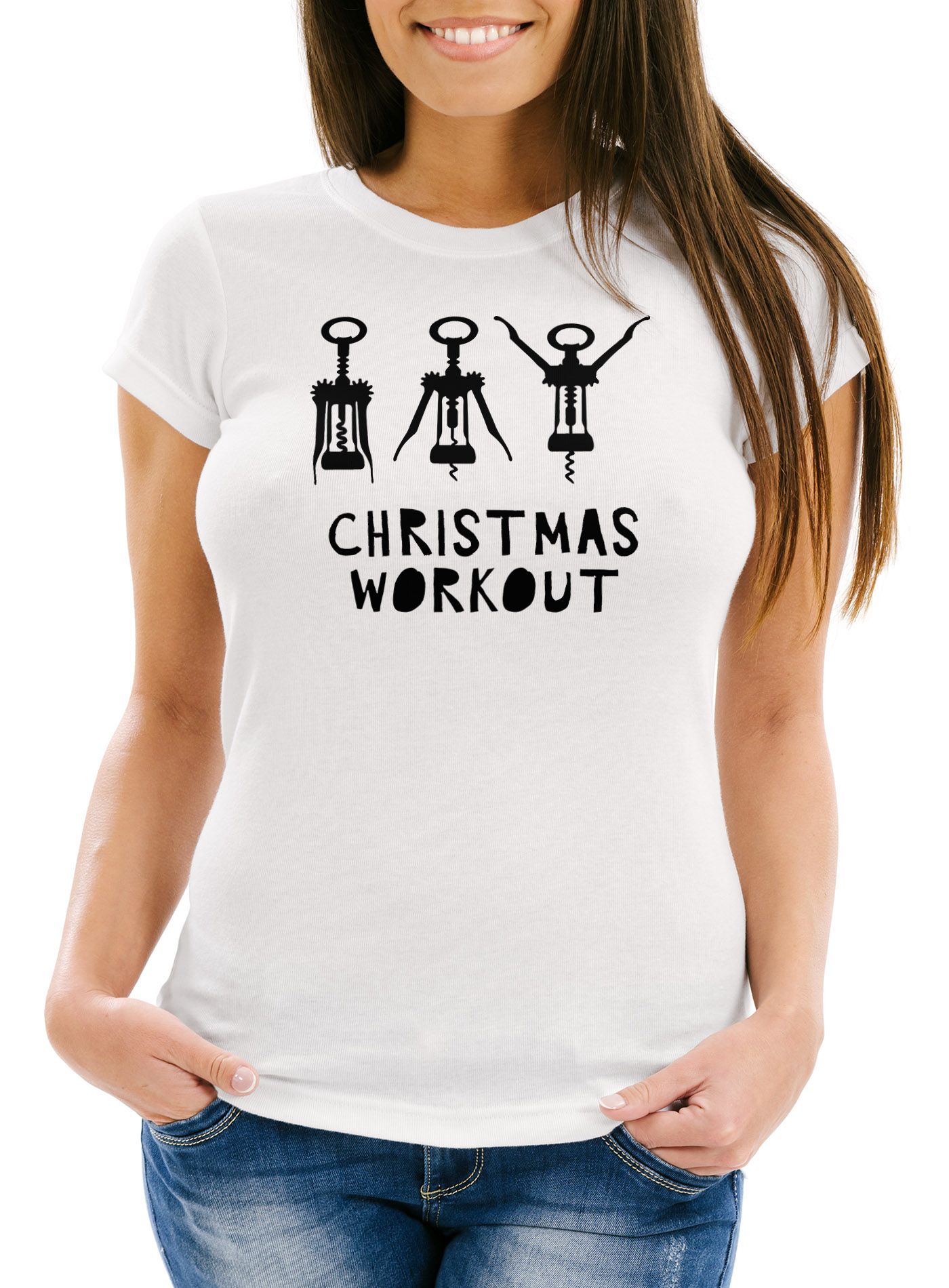 Damen T-Shirt Weihnachten lustig Christmas Workout Flaschenöffner Korkenzieher Wein trinken Fun-Shirt Slim Fit Moonworks®