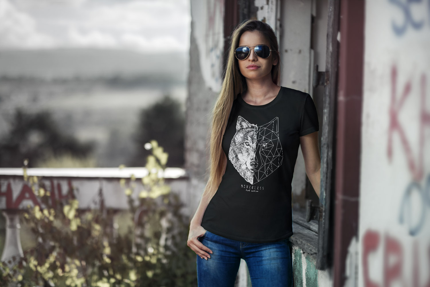 Neverless Damen T-Shirt Mit Wolf Polygon Print – Slim Fit, Aus 100% Baumwolle, Für Lässigen Streetstyle
