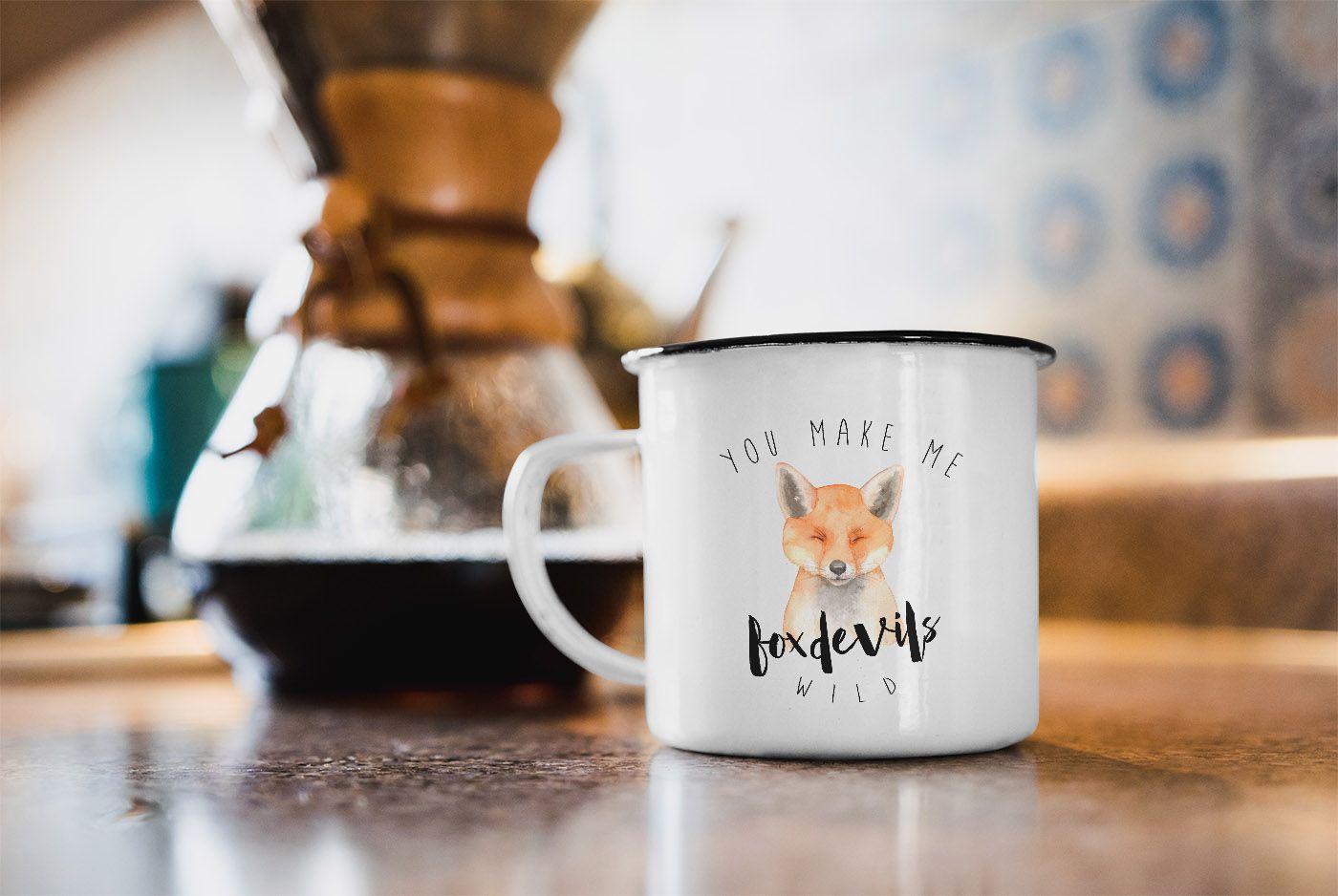 Emaille Tasse Becher You make me foxdevilswild Denglisch Spruch Liebe