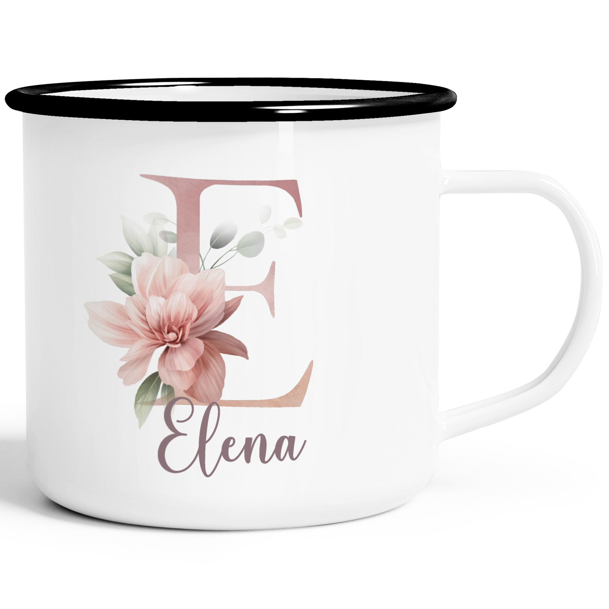 Emaille-Tasse Name Initiale Blumen Eukalyptus Floral Monogramm personalisierte Geschenke SpecialMe®