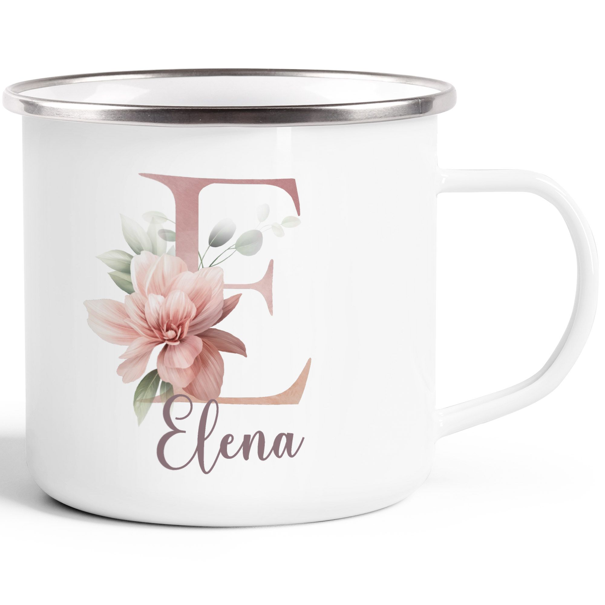 Emaille-Tasse Name Initiale Blumen Eukalyptus Floral Monogramm personalisierte Geschenke SpecialMe®