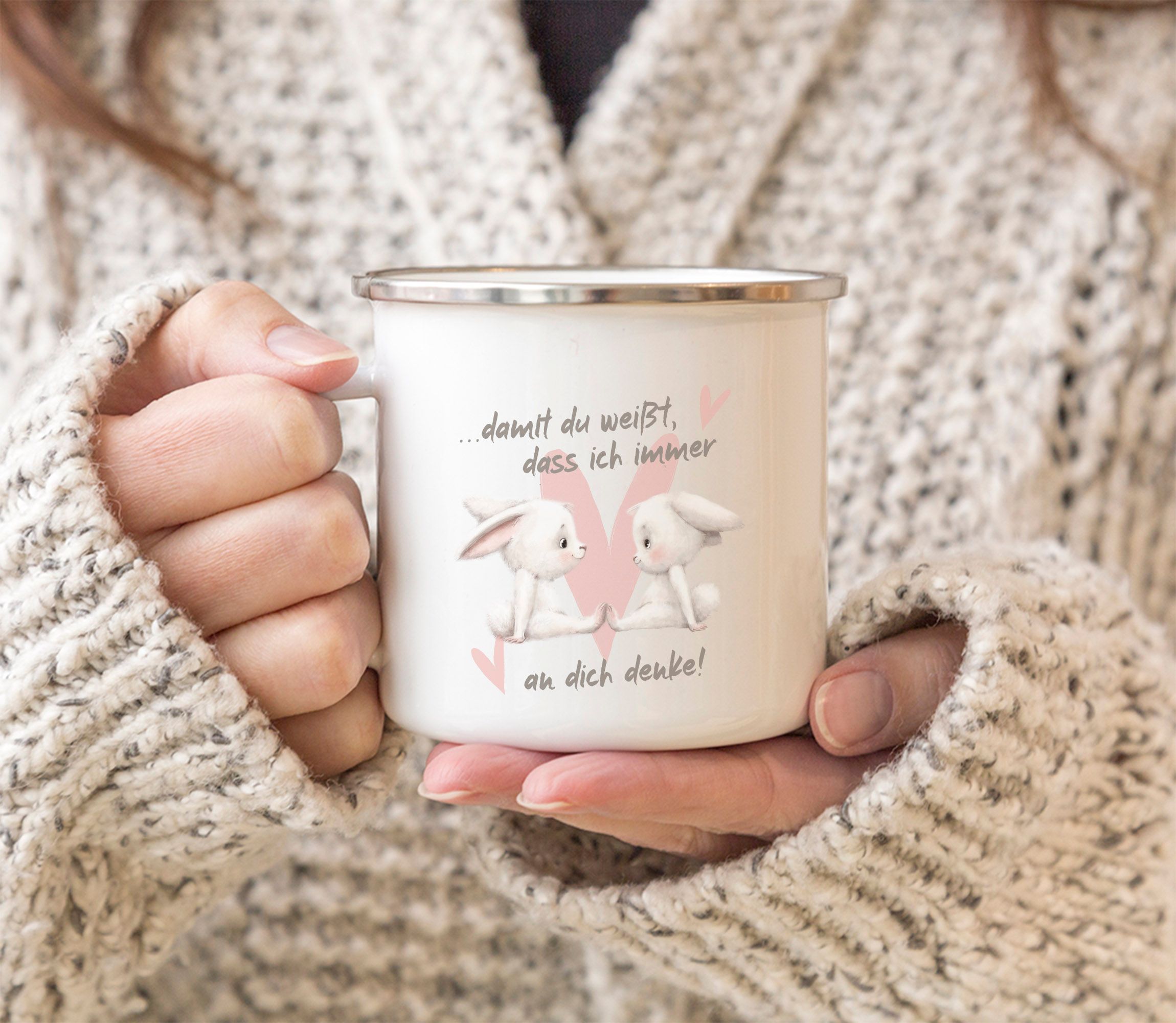 EmailleTasse Spruch Geschenk Liebe Freundschaft HasenPaar Herz Damit