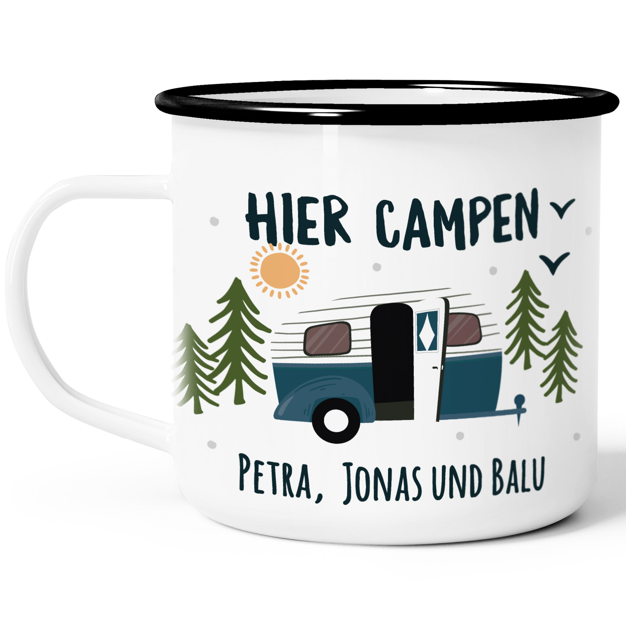 Emaille-Tasse Personalisiert „Hier Campen“ – Mit Namen, Schwarz-weiß, 300 Ml, Perfekt Für Camper & Wohnwagen-Fans