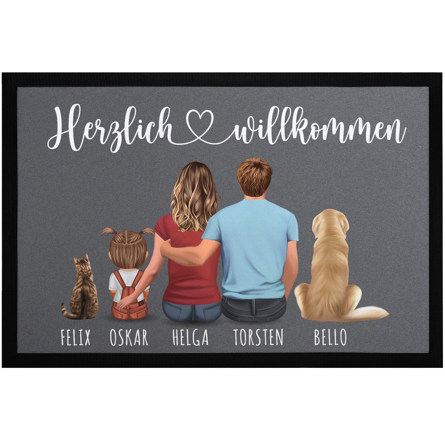 Fußmatte Familie mit Figuren und Namen personalisiert 1,2,3,4 Kinder Hund Katze rutschfest & waschbar SpecialMe®