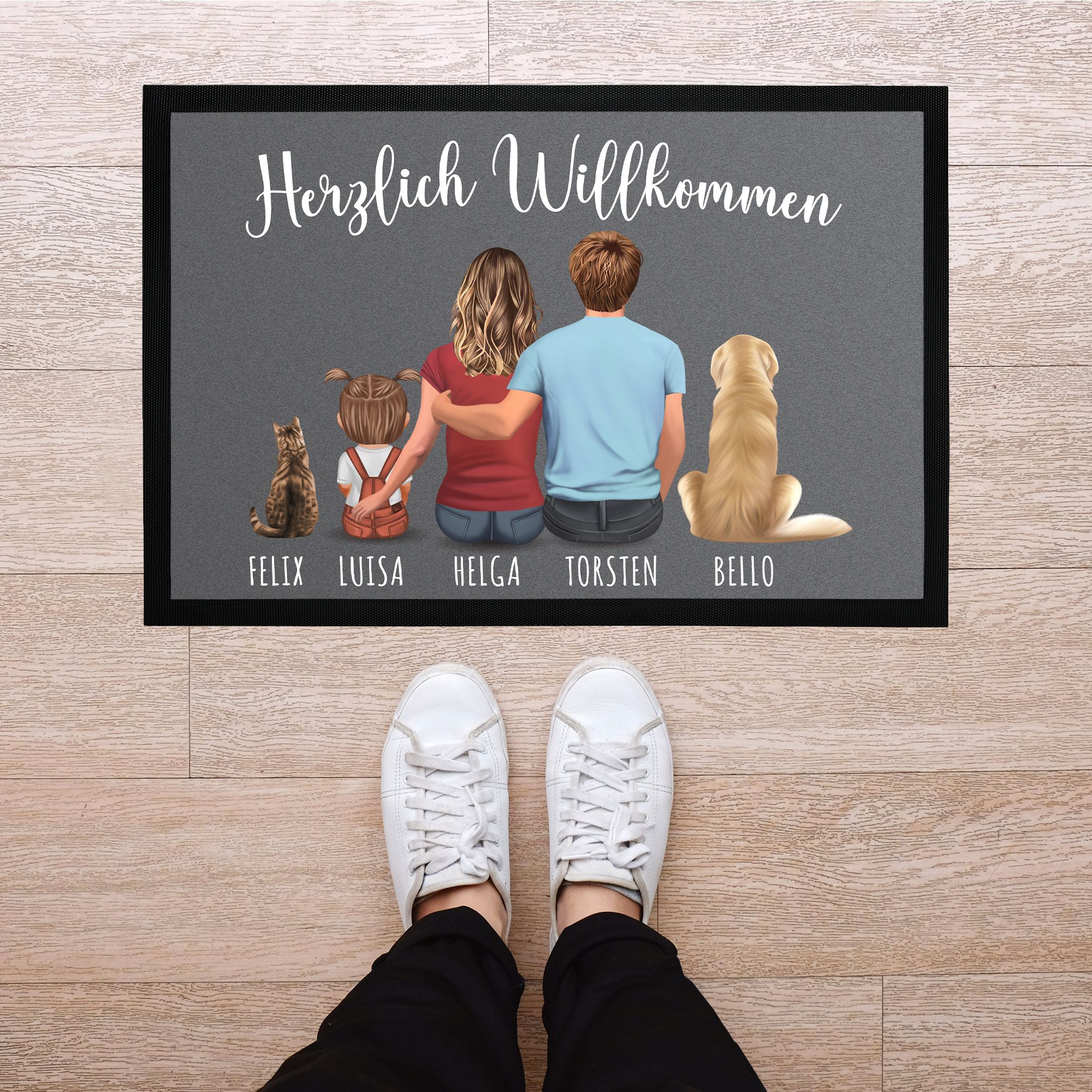Fußmatte Familie personalisiert mit Figuren und Namen 1,2,3,4 Kinder