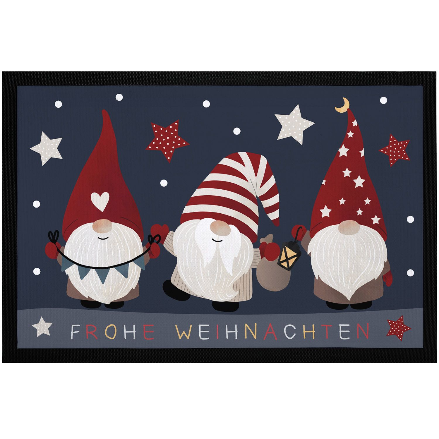 Fußmatte Frohe Weihnachten Wichtel Sterne Wintermotiv Gnomes Zwerge rutschfest & waschbar Moonworks®