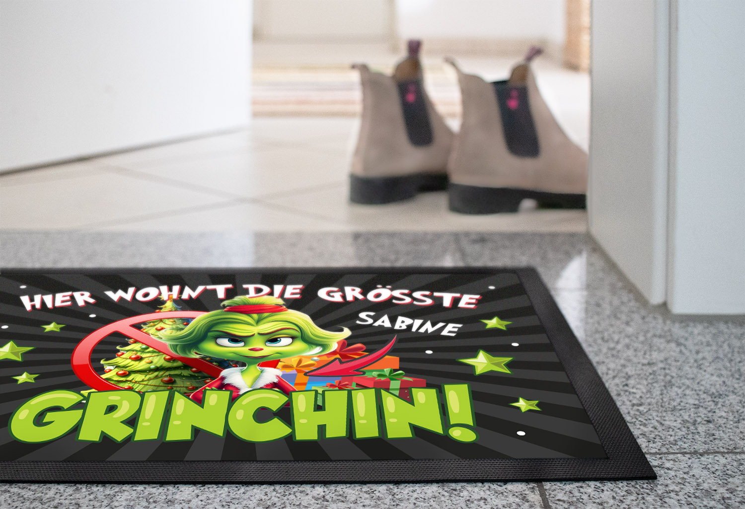 Fußmatte Weihnachten Grinch personalisierbar Wunschname Merry Grinchmas lustige