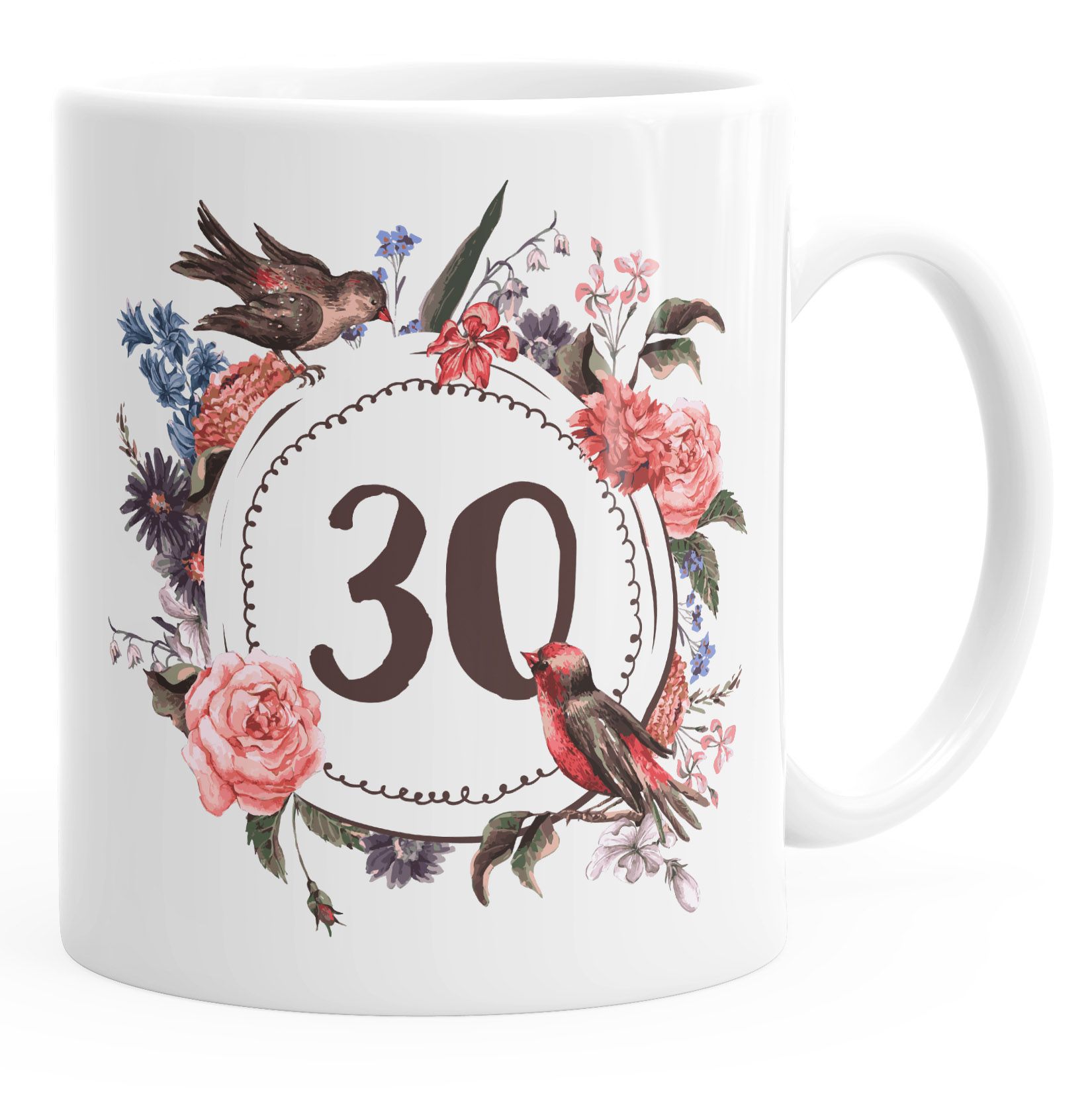 Geburtstags-Tasse {style_variation} {{style_variation}_ausgeschrieben} Geschenk-Tasse Kaffee-Tasse Blumen Blüten Blumenkranz MoonWorks®