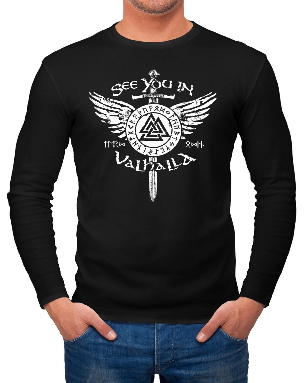 Herren Longsleeve See you in Valhalla Schwert Runen Odin Vikings Langarm-Shirt Fashion Streetstyle Neverless®