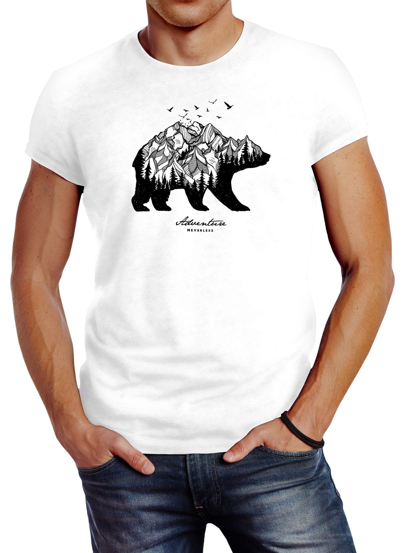 Herren T-Shirt Bär Abenteuer Berge Wald Bear Mountains Adventure Slim Fit Neverless®