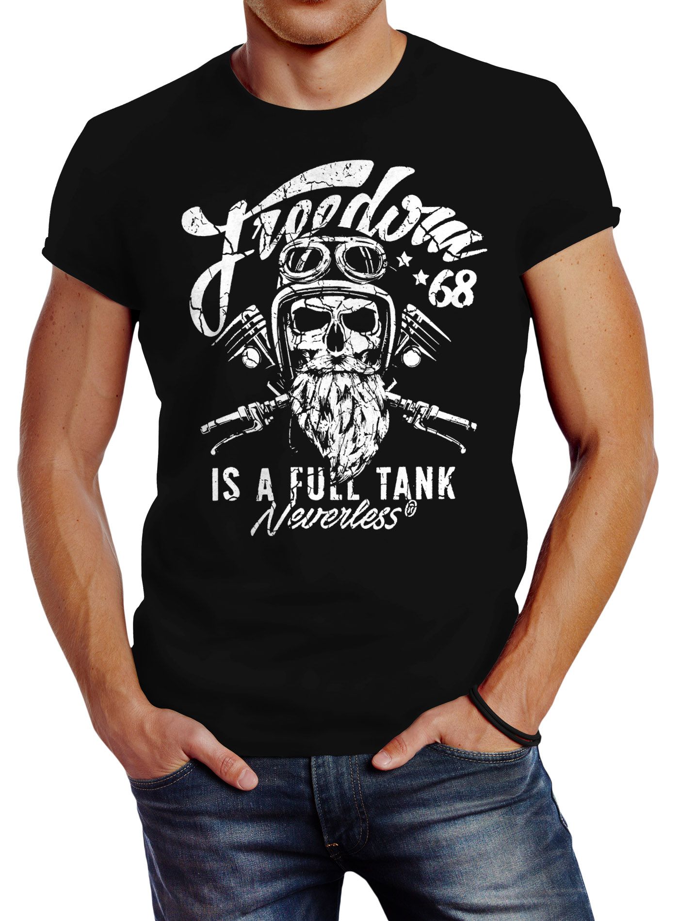 Herren T-Shirt Biker Motorrad Motiv Freedom is a full Tank Skull Totenkopf Slim Fit Neverless®
