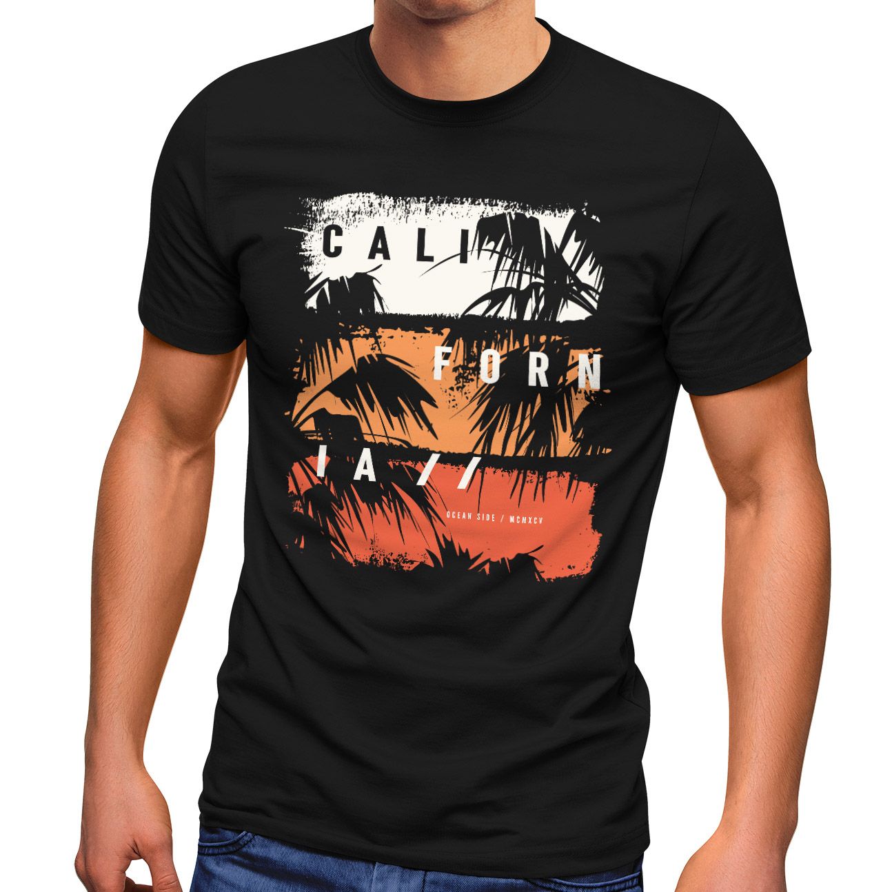 Herren T-Shirt California Schriftzug Palmen Printshirt Aufdruck Fashion Streetstyle Neverless® 